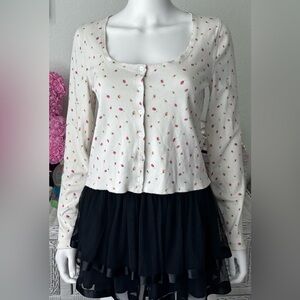 J. Crew Pullover Top Low Cut Ribbed Cotton Subtle Floral in Creamy Beige Size M